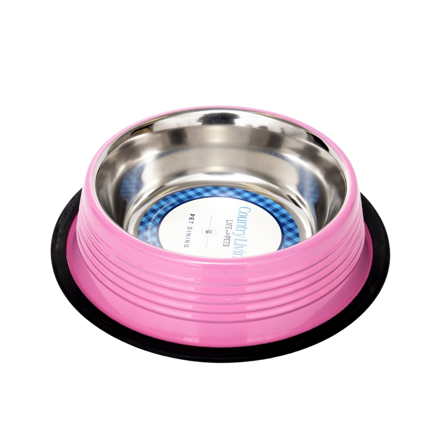 Start2Finish Country Living set of 2 ribbed pink non-slip pet bowls for dogs and cats, with sturdy bases and colorful design.