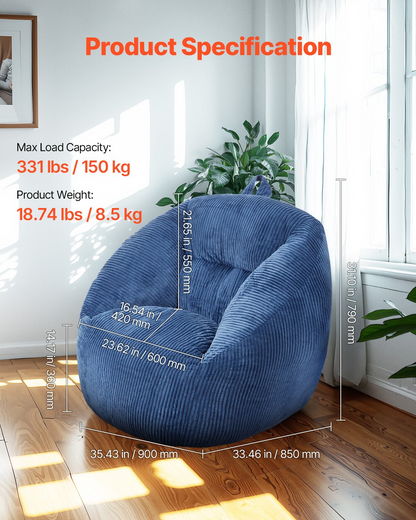 Start2Finish blue VEVOR 3-foot bean bag chair with soft armrests, storage pocket, memory foam fill, and teddy velvet cover.