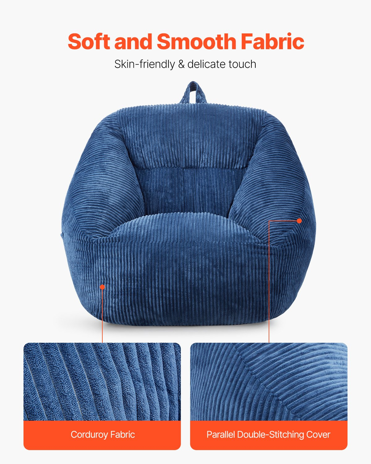 Start2Finish VEVOR 3-foot blue bean bag chair with soft armrests, storage pocket, memory foam fill, covered in plush teddy velvet.