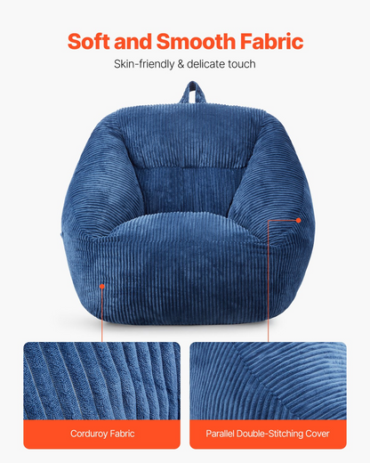 Start2Finish VEVOR 3-foot blue bean bag chair with soft armrests, storage pocket, memory foam fill, covered in plush teddy velvet.