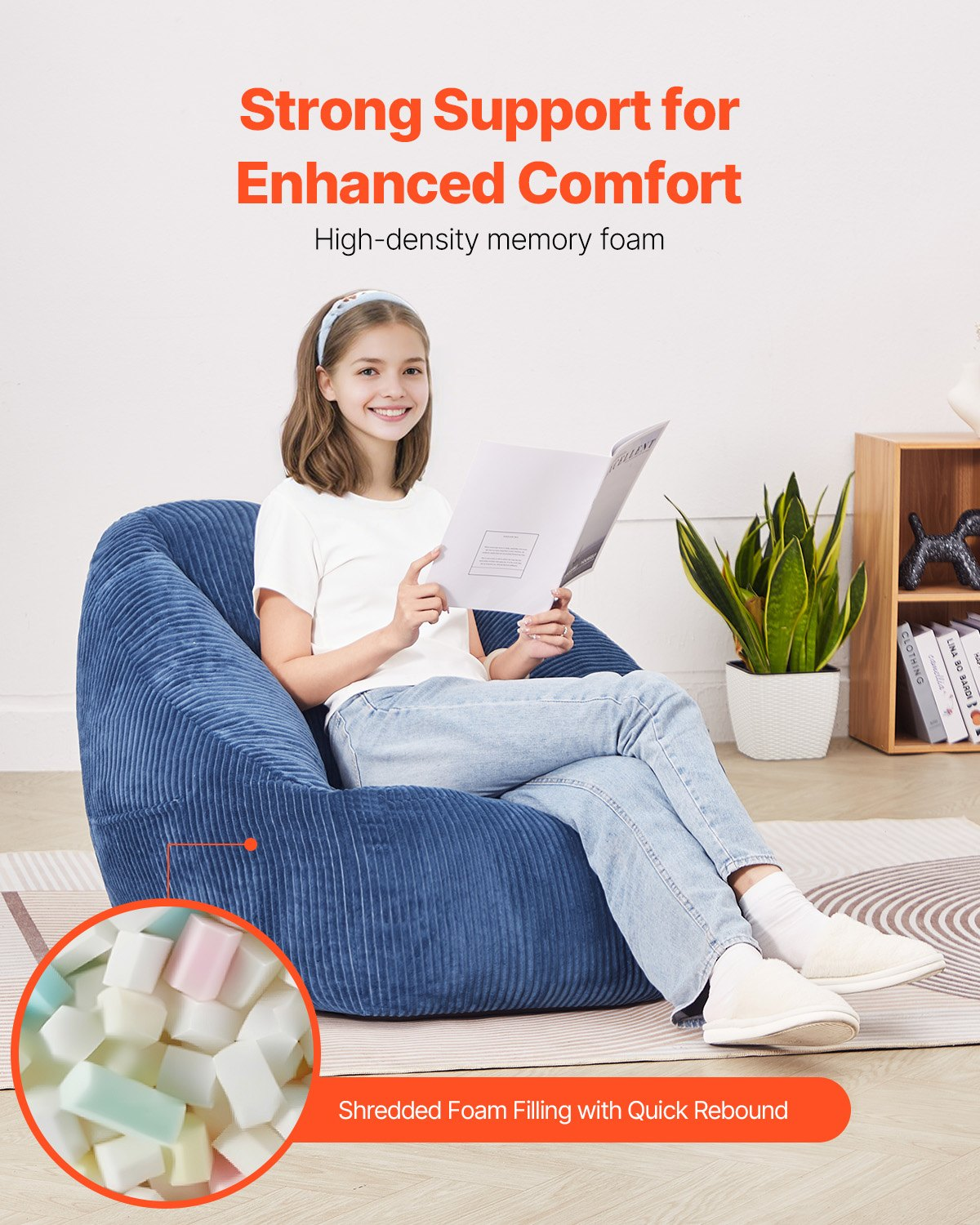 Start2Finish blue 3-foot bean bag chair with soft armrests, storage pocket, memory foam filling, and teddy velvet cover.