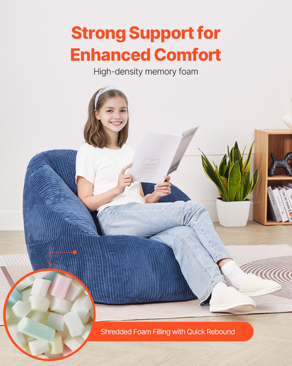 Start2Finish blue 3-foot bean bag chair with soft armrests, storage pocket, memory foam filling, and teddy velvet cover.