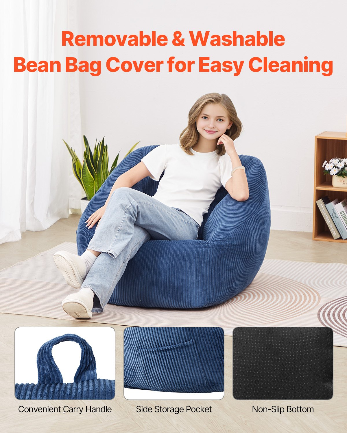 Start2Finish VEVOR blue 3-foot bean bag chair with soft armrests, storage pocket, memory foam filling, and teddy velvet cover.