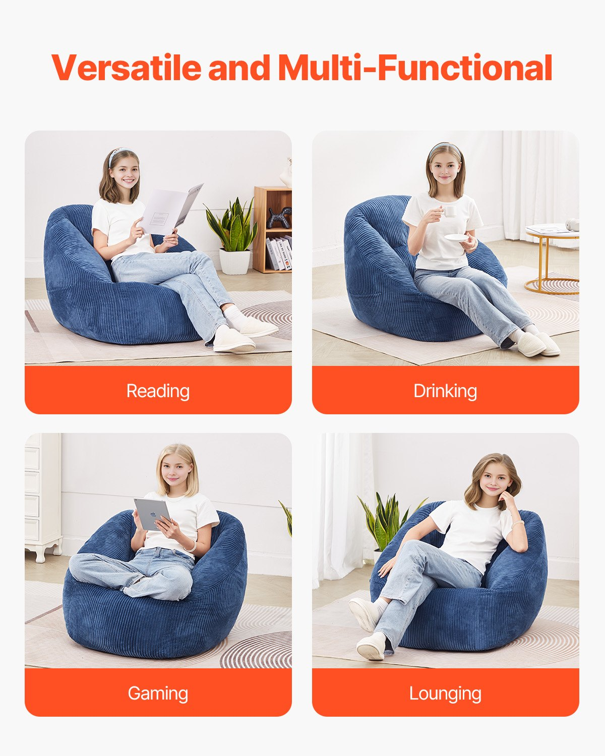 Start2Finish VEVOR 3-foot bean bag chair with blue teddy velvet cover, soft armrests, storage pocket, filled with 25D memory foam.