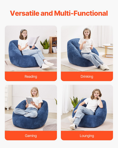 Start2Finish VEVOR 3-foot bean bag chair with blue teddy velvet cover, soft armrests, storage pocket, filled with 25D memory foam.