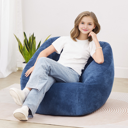 Blue VEVOR bean bag chair with soft armrests, storage pocket, 3-foot size, filled with memory foam, covered in plush teddy velvet.