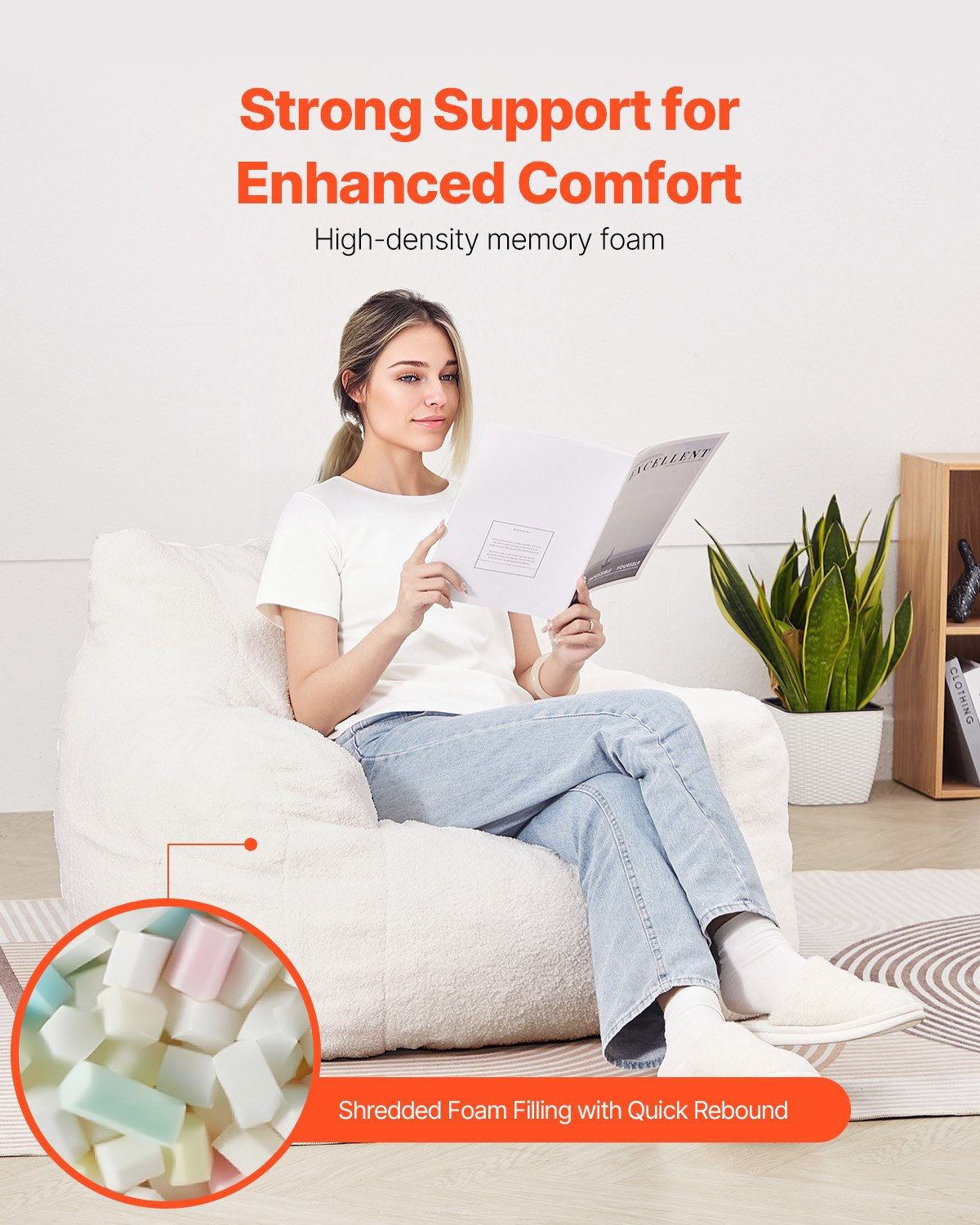 Start2Finish VEVOR white 3-foot bean bag chair with soft armrests, teddy velvet cover, storage pocket, filled with 25D memory foam