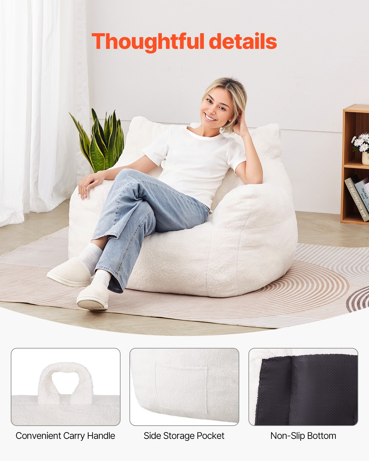 Start2Finish VEVOR white 3-foot bean bag chair with soft armrests, teddy velvet cover, storage pocket, and 25D memory foam filling.