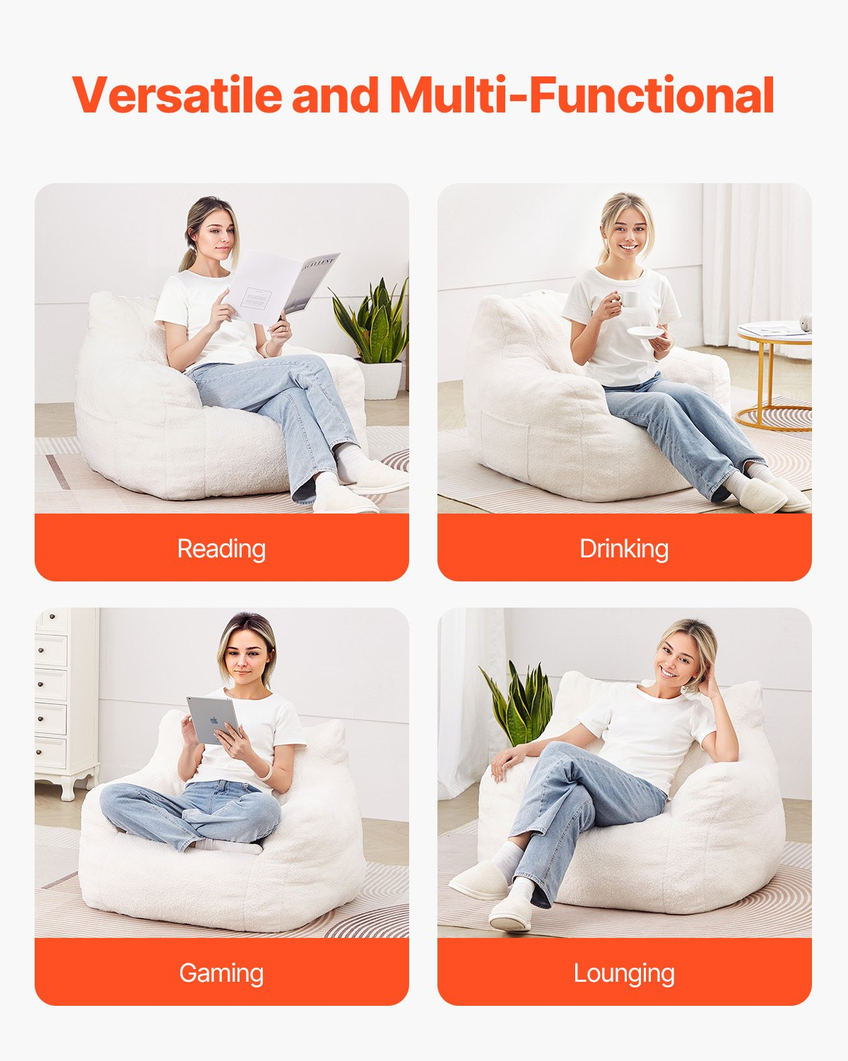 Start2Finish VEVOR 3-foot bean bag chair with soft armrests, storage pocket, memory foam filling, and white teddy velvet cover.