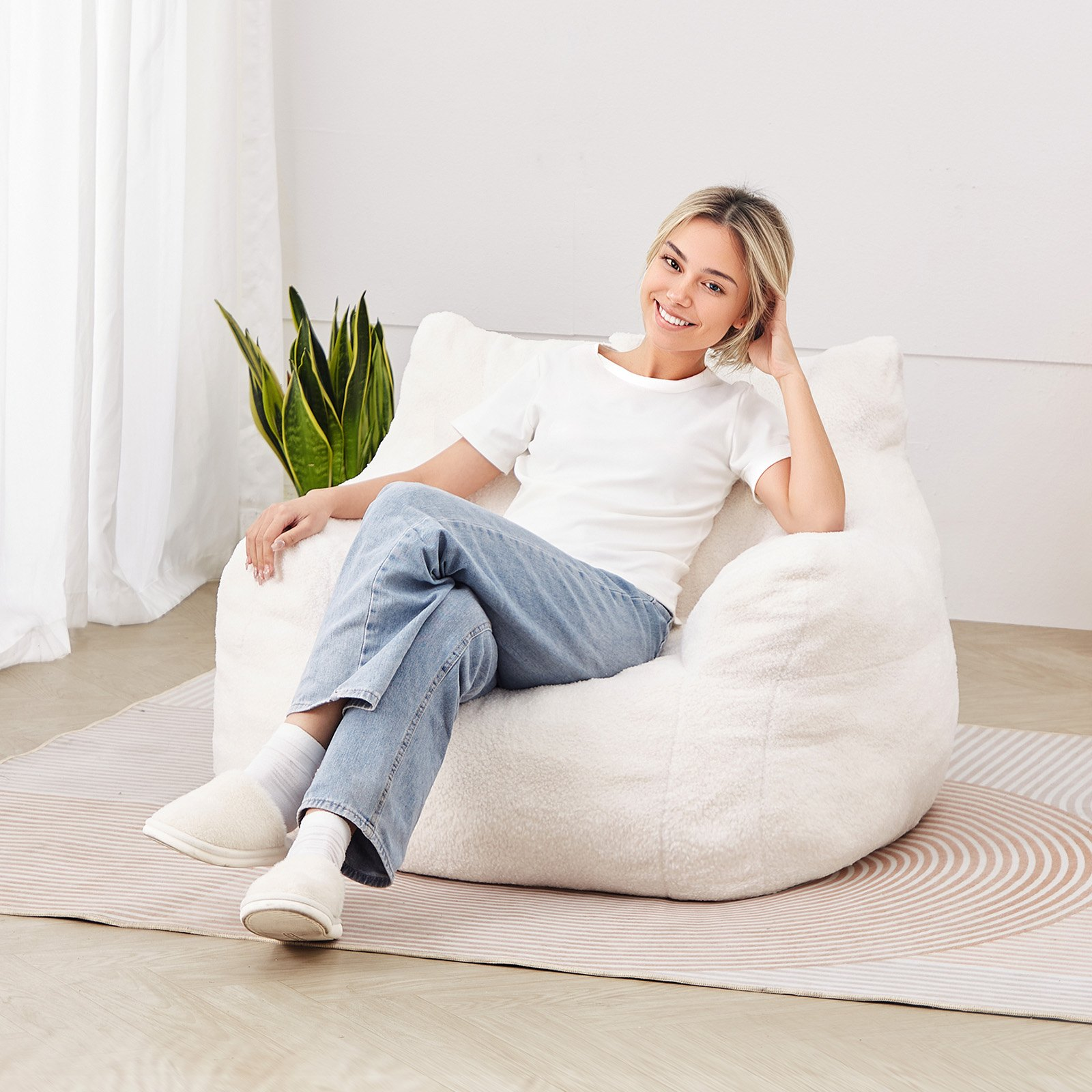 Start2Finish VEVOR 3-foot bean bag chair with soft armrests, storage pocket, memory foam fill, and teddy velvet cover in white.