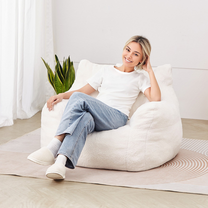 Start2Finish VEVOR 3-foot bean bag chair with soft armrests, storage pocket, memory foam fill, and teddy velvet cover in white.