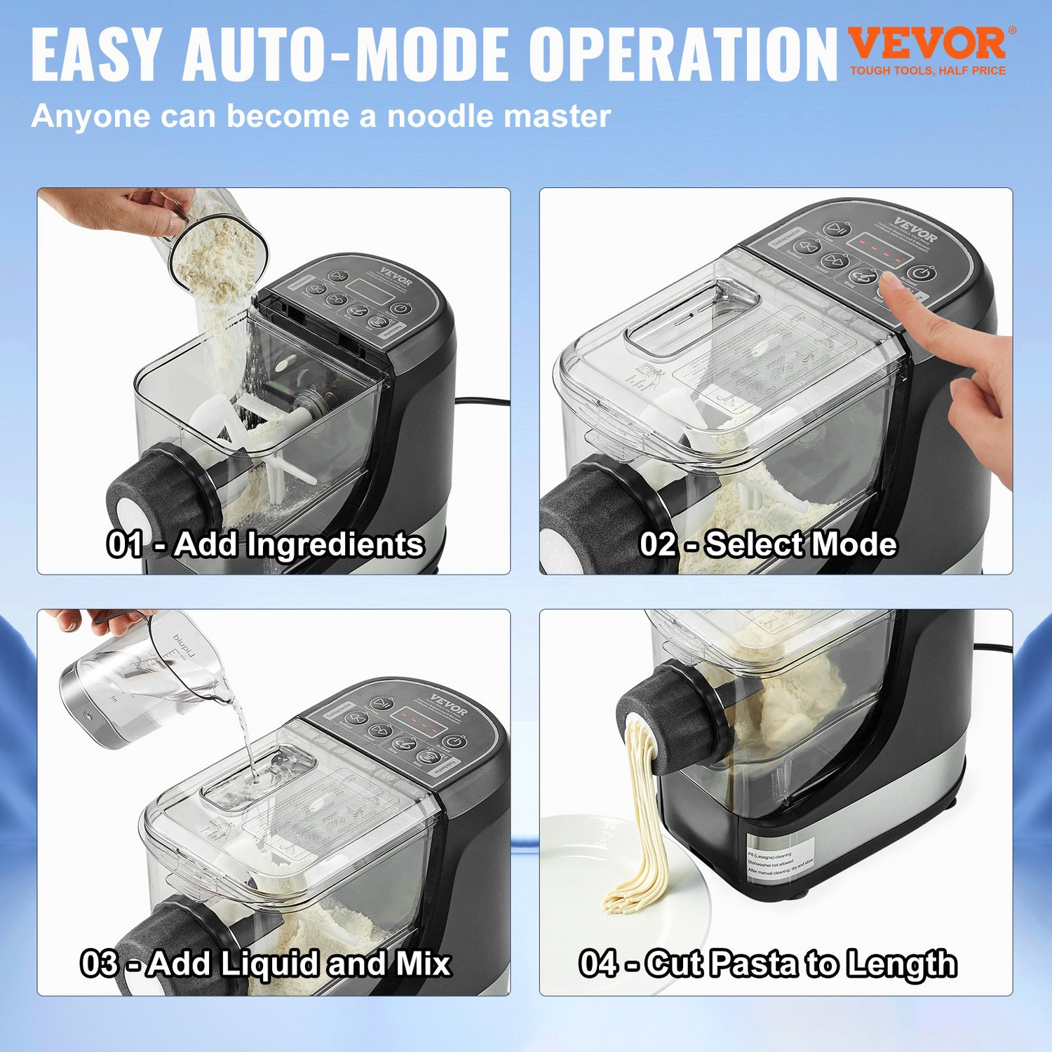 Start2Finish VEVOR electric pasta maker with 8 shapes, 150W, automatic noodle machine, flour capacity, and cleaning brush.