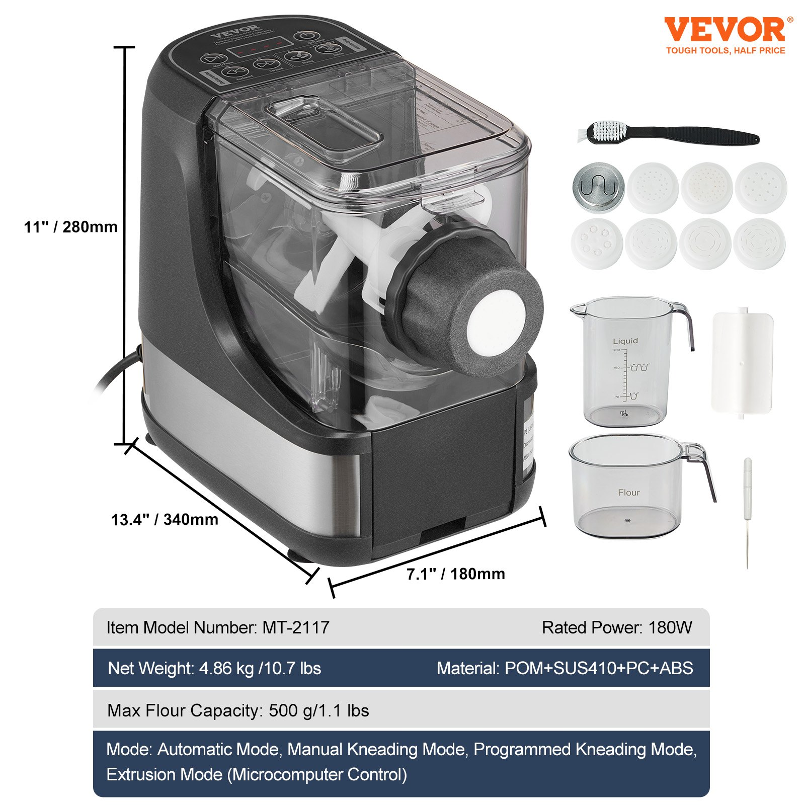 Start2Finish VEVOR Electric Pasta Maker with 8 shapes, 150W, automatic noodle machine, 4 modes, 500g capacity, with accessories