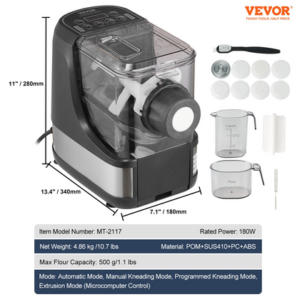 Start2Finish VEVOR Electric Pasta Maker with 8 shapes, 150W, automatic noodle machine, 4 modes, 500g capacity, with accessories