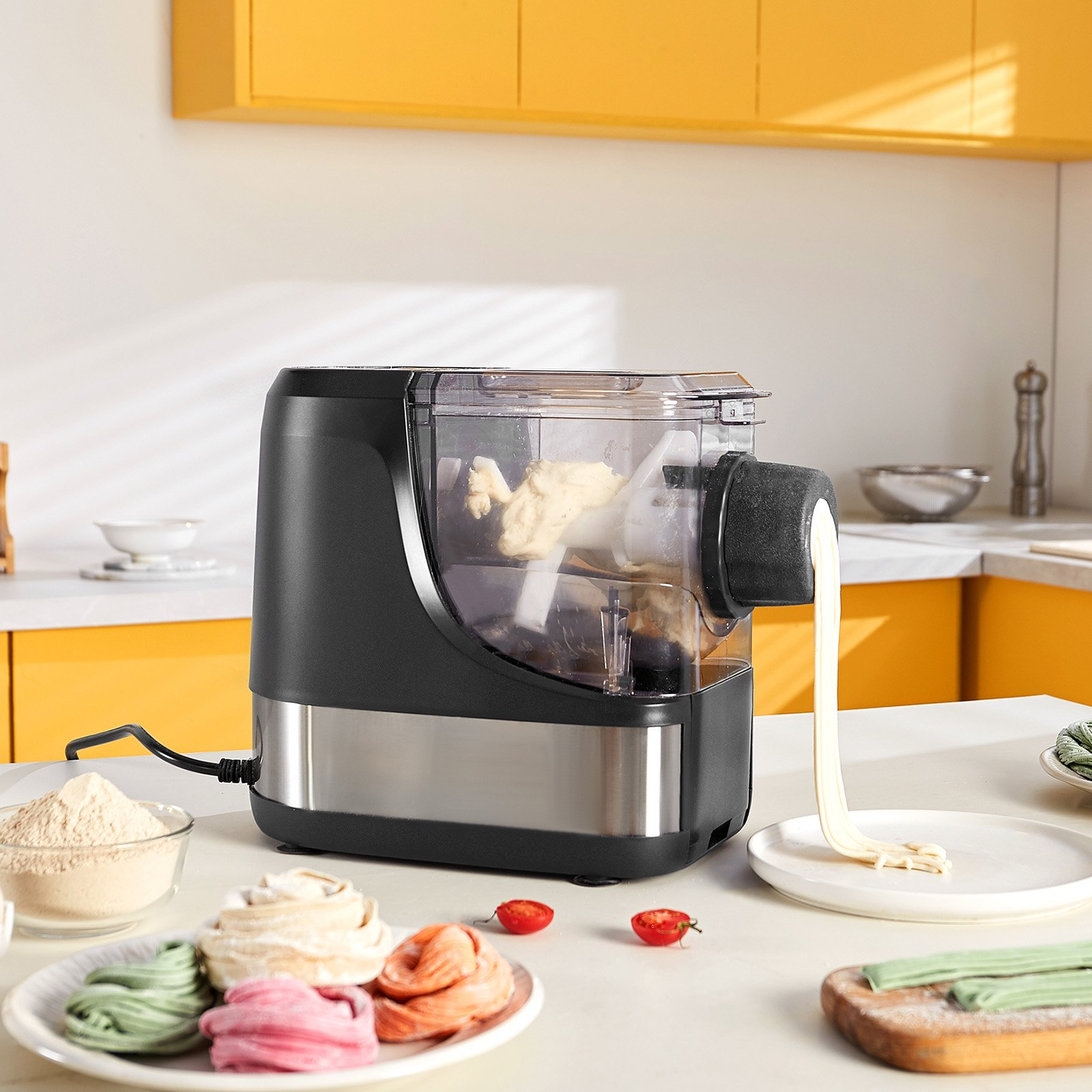 Start2Finish VEVOR electric pasta maker with 8 shapes, 150W, automatic noodle machine, 4 modes, flour capacity, measuring cups.