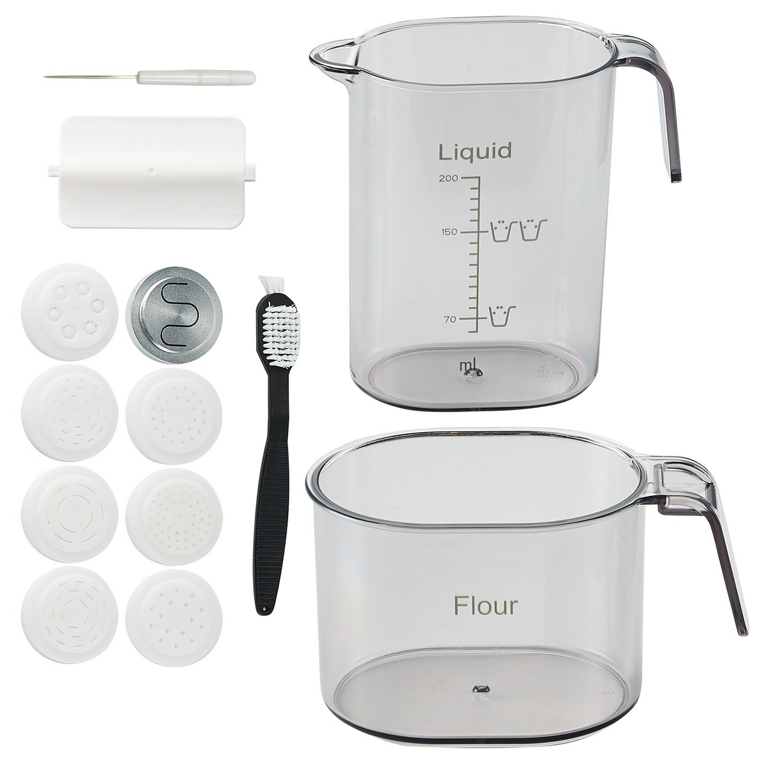 Start2Finish VEVOR electric pasta maker machine with 8 pasta shapes, 150W power, measuring cups, and cleaning brush for home use.