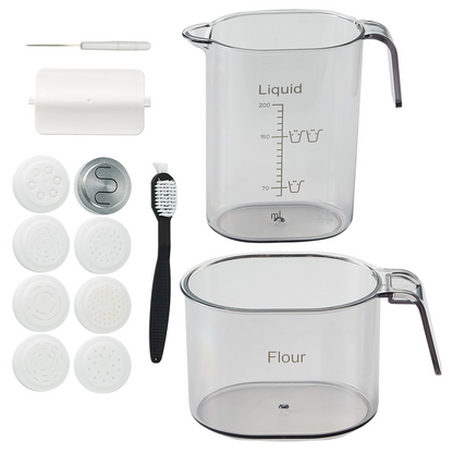 Start2Finish VEVOR electric pasta maker machine with 8 pasta shapes, 150W power, measuring cups, and cleaning brush for home use.