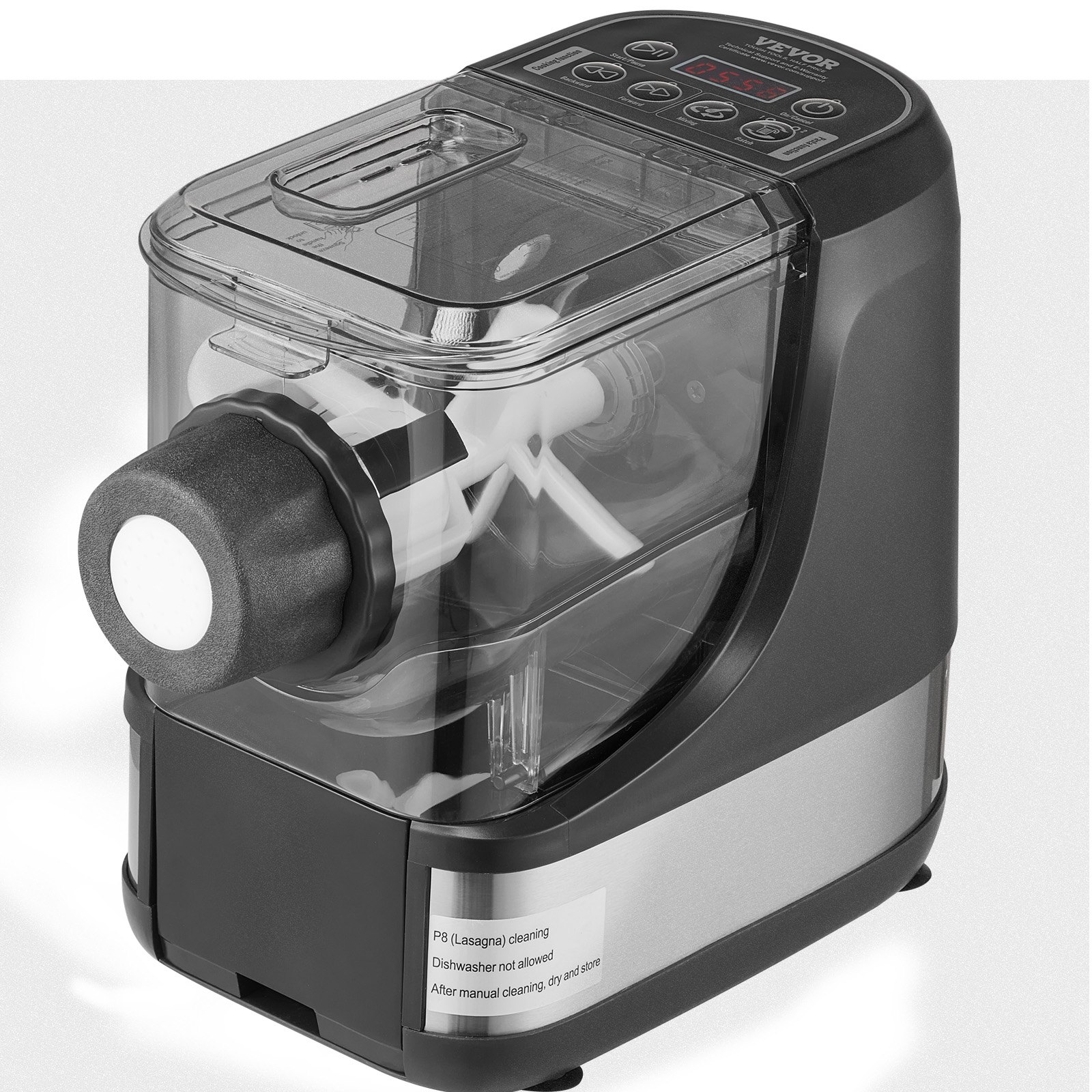 Start2Finish VEVOR electric pasta maker with 8 shapes and 4 modes, 150W, 500g flour capacity, showing the machine and accessories.