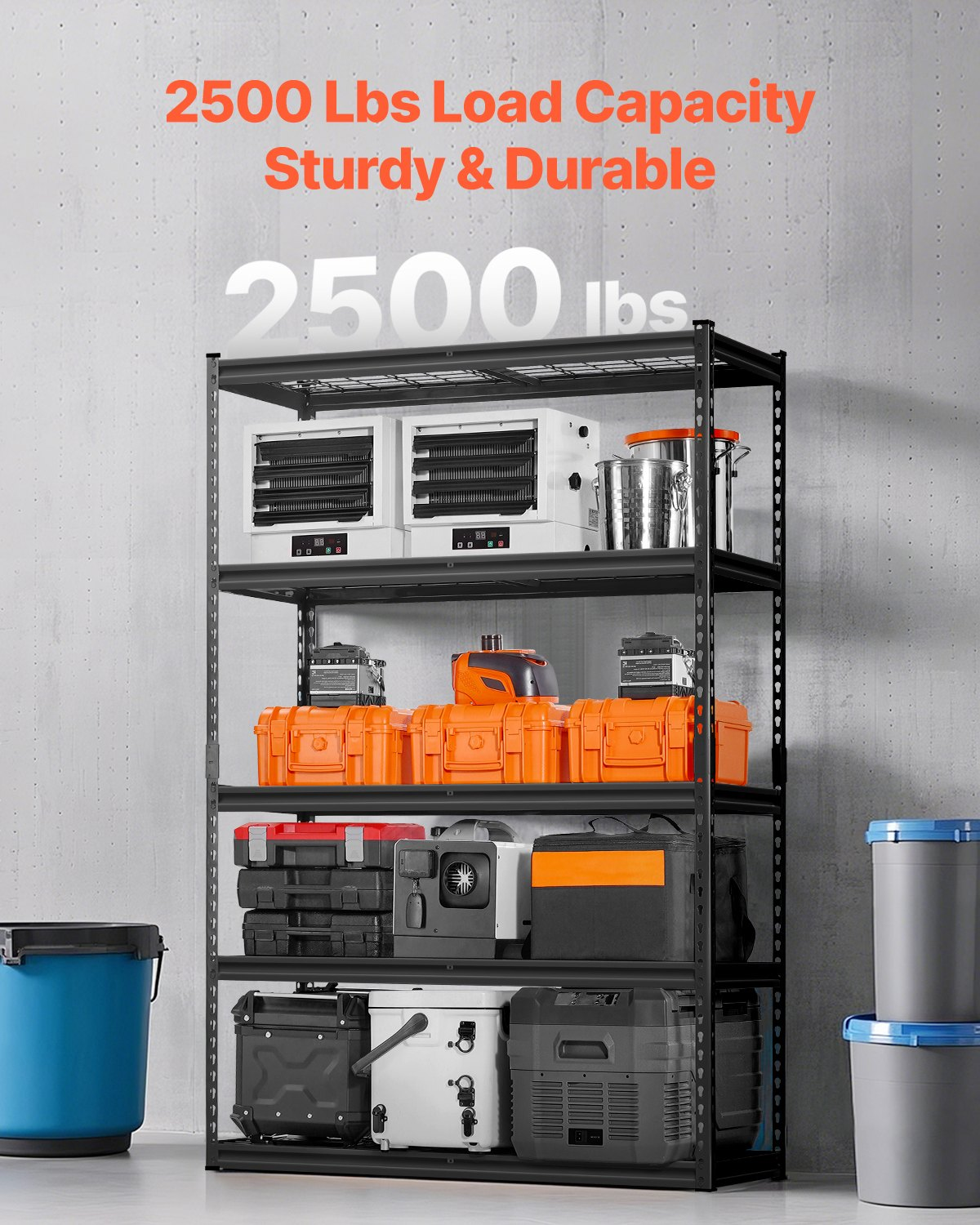 Start2Finish VEVOR 5-tier heavy-duty metal garage shelving unit with adjustable black storage shelves for industrial or warehouse use
