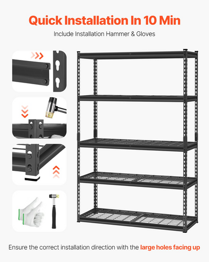 Start2Finish VEVOR 5-tier heavy duty garage storage shelves with black metal frame, adjustable 48x18 inch industrial shelving unit.