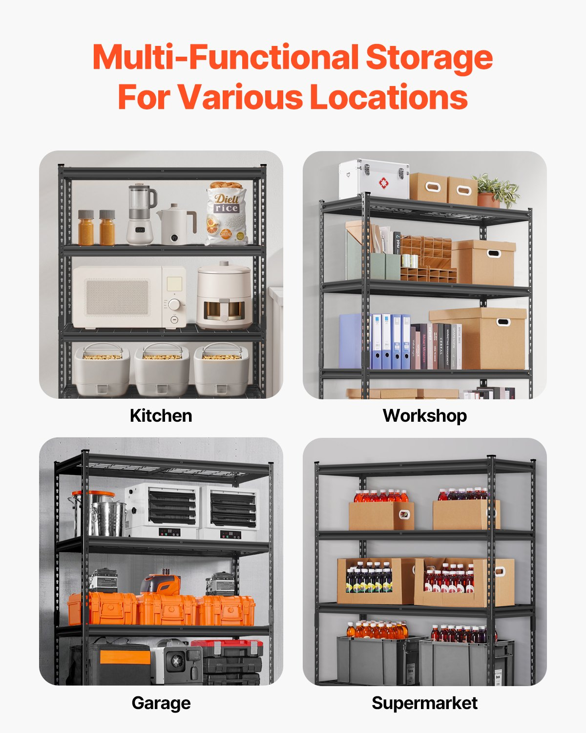 Start2Finish VEVOR 5-tier heavy-duty garage storage shelves, adjustable black metal industrial shelving unit for warehouse or basement.