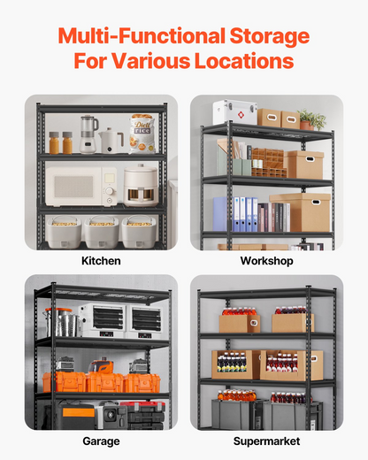 Start2Finish VEVOR 5-tier heavy-duty garage storage shelves, adjustable black metal industrial shelving unit for warehouse or basement.