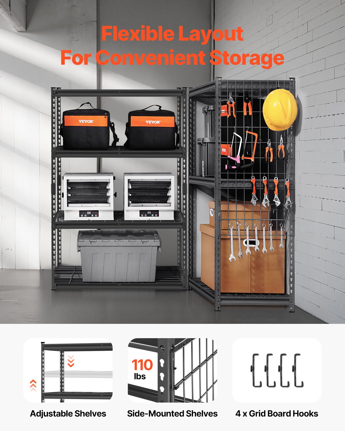 Start2Finish VEVOR heavy-duty metal storage shelves, 4-tier industrial garage shelving unit in black with adjustable height.