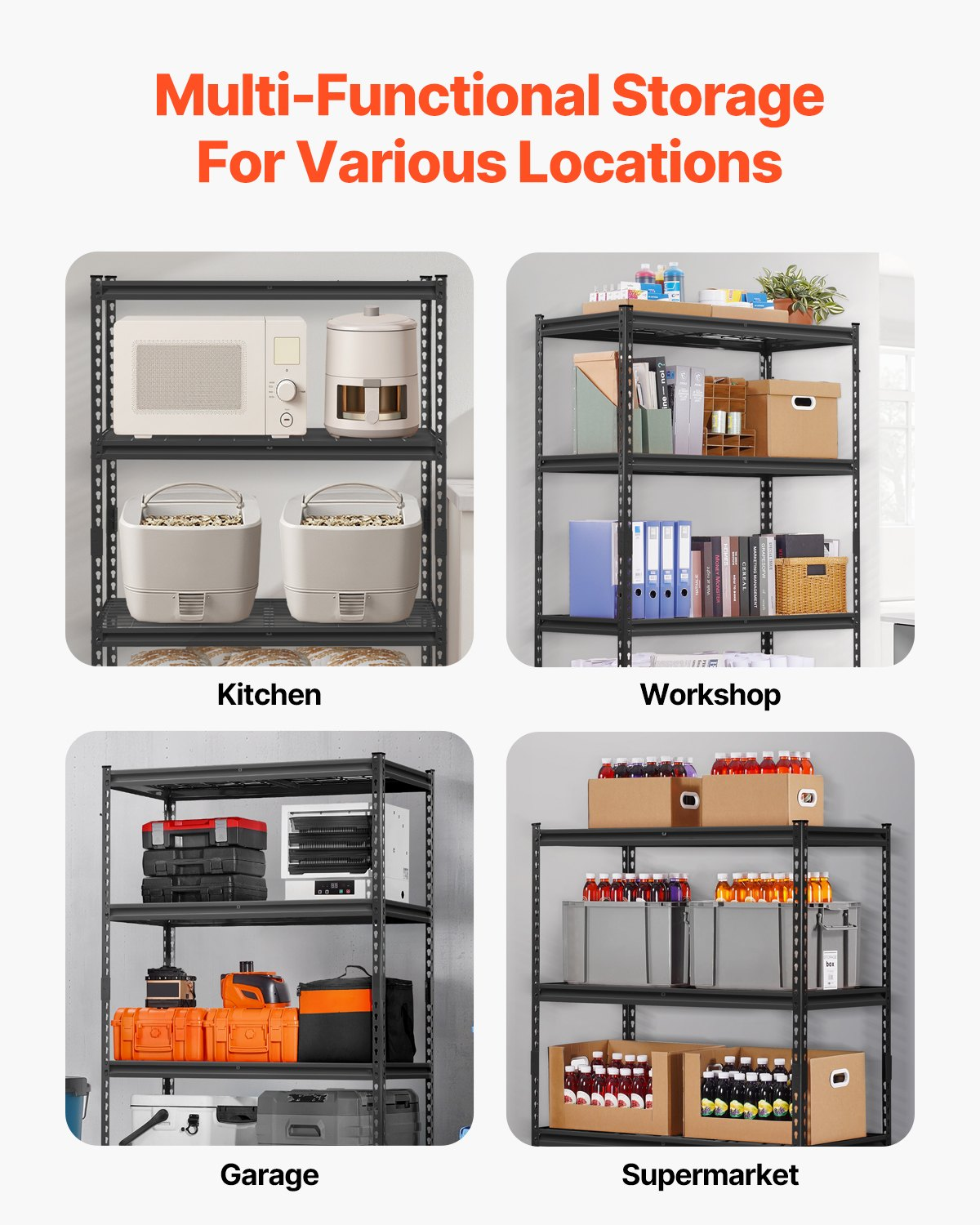 Start2Finish VEVOR 4-tier heavy-duty garage shelving unit with black metal shelves, adjustable, for industrial storage in garage or warehouse