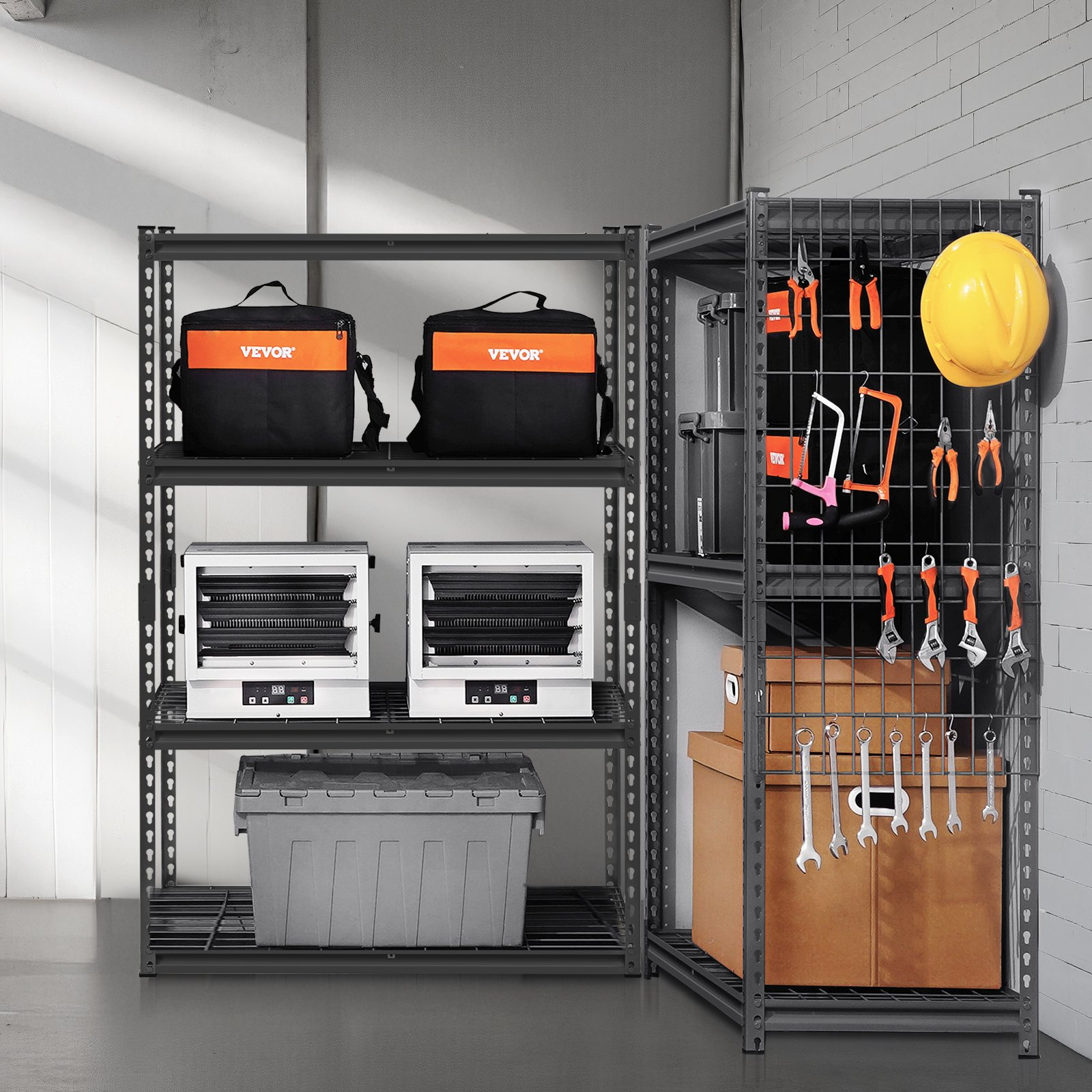 Start2Finish VEVOR 4-tier heavy-duty metal garage shelving unit, black, with adjustable shelves for garage, warehouse, or basement.