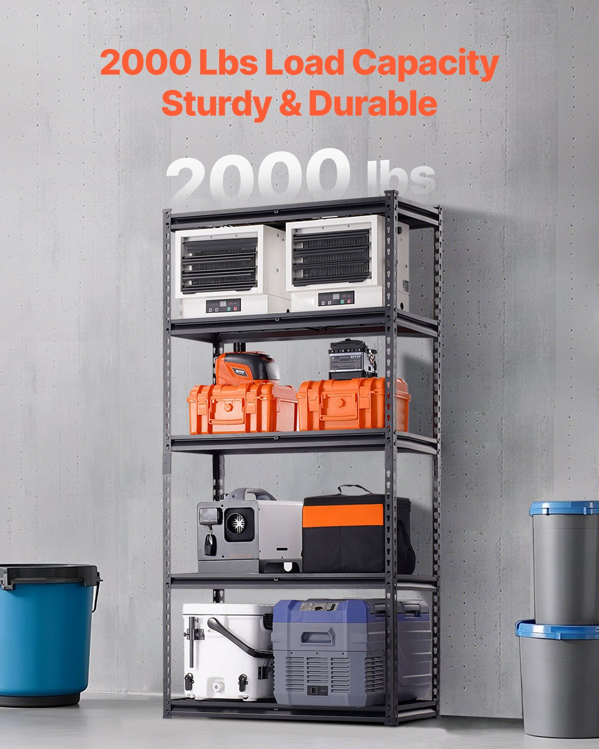 Start2Finish VEVOR 5-tier heavy-duty metal garage shelving unit with adjustable black storage shelves for industrial, kitchen, or basement use.