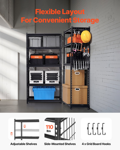 Start2Finish VEVOR 5-tier heavy-duty metal garage shelving unit with adjustable black steel shelves, 72 inches tall for industrial storage.