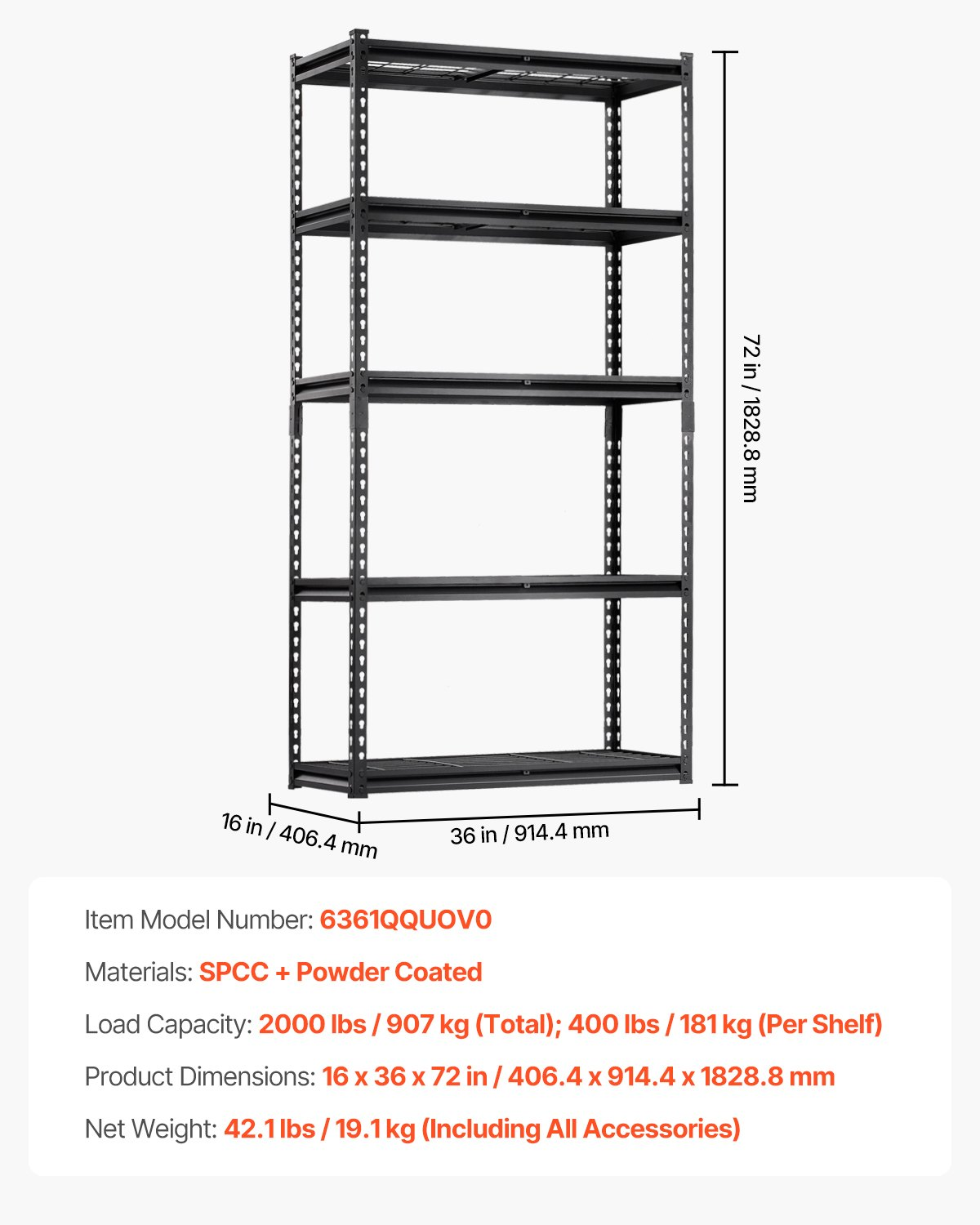 Start2Finish VEVOR heavy-duty 5-tier garage shelving unit with black metal shelves, 16" D x 36" W x 72" H for industrial storage.