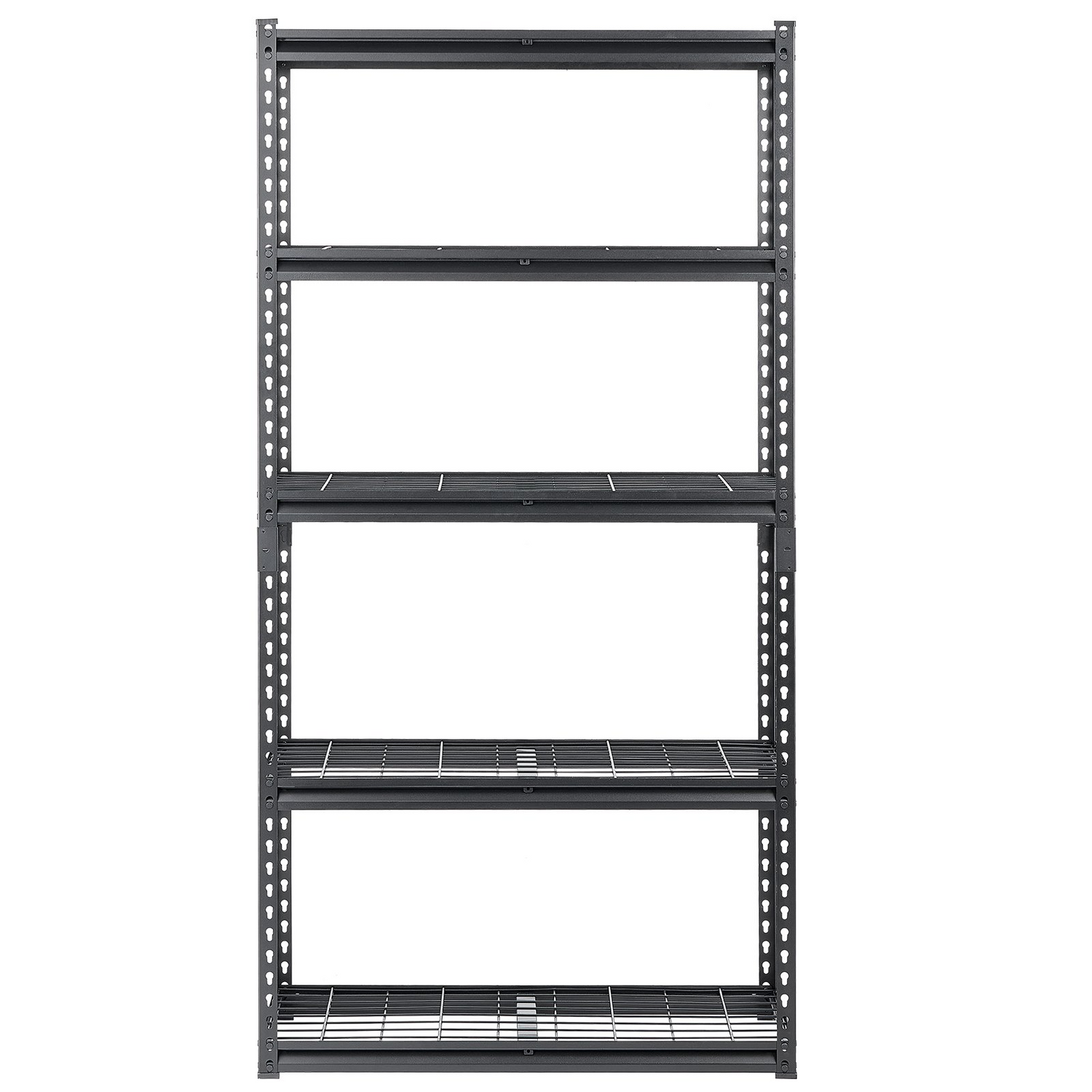 Start2Finish VEVOR 5-tier heavy-duty garage storage shelves with adjustable metal design in black, ideal for warehouse or basement organization.