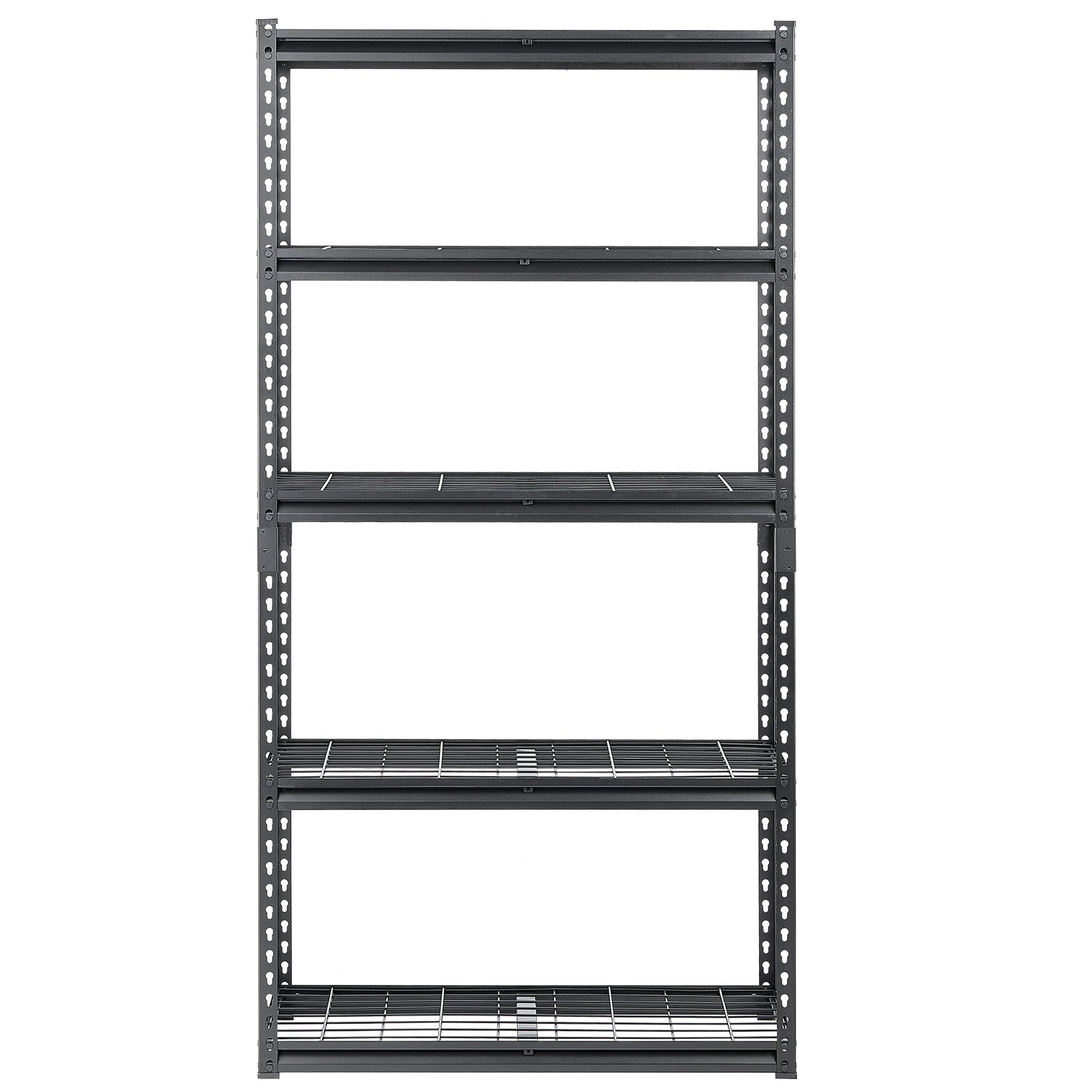 Start2Finish VEVOR 5-tier heavy-duty garage storage shelves with adjustable metal design in black, ideal for warehouse or basement organization.