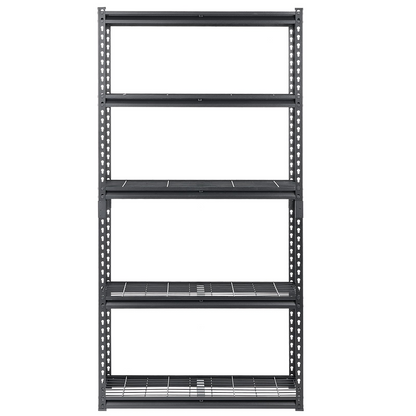 Start2Finish VEVOR 5-tier heavy-duty garage storage shelves with adjustable metal design in black, ideal for warehouse or basement organization.