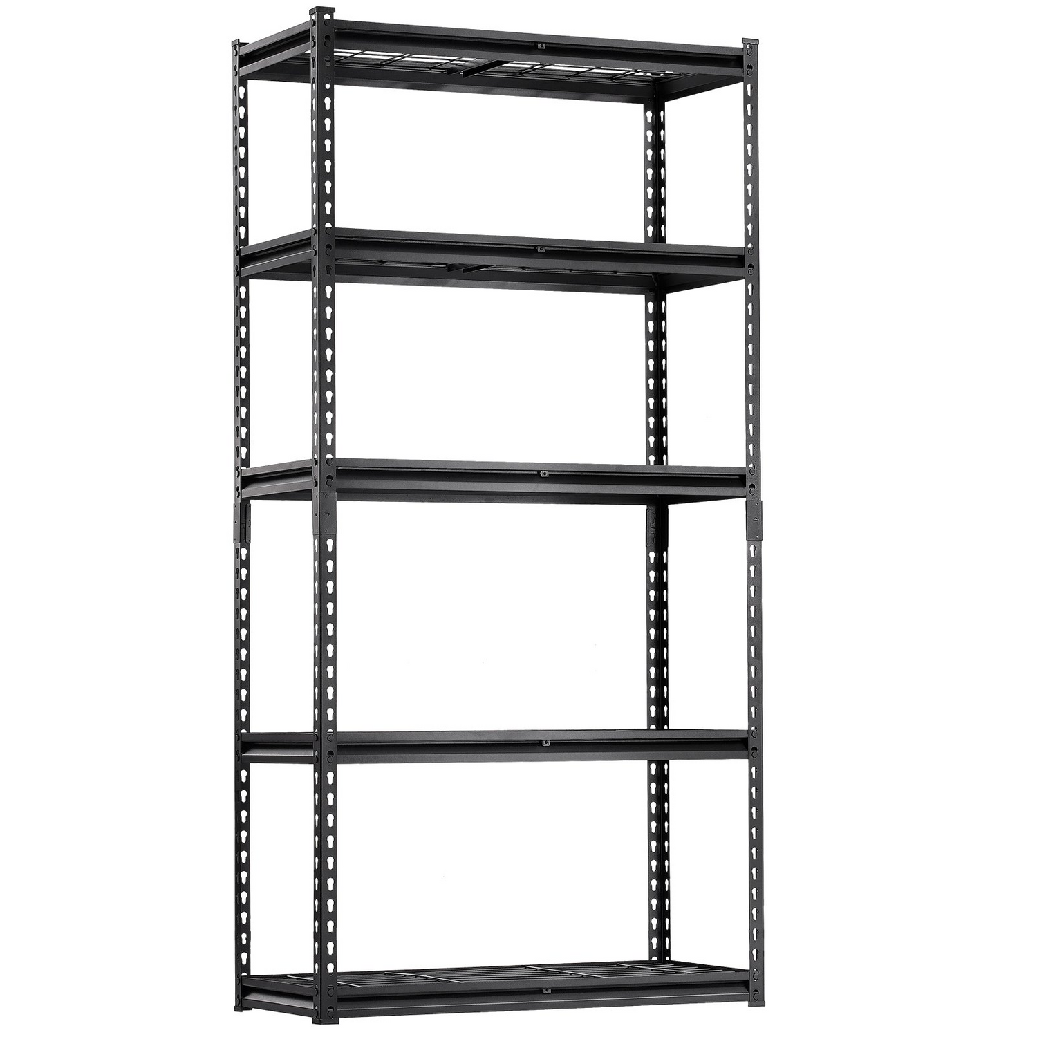 Start2Finish VEVOR 5-tier heavy-duty metal garage shelving unit with adjustable black industrial shelves, 16" D x 36" W x 72" H.