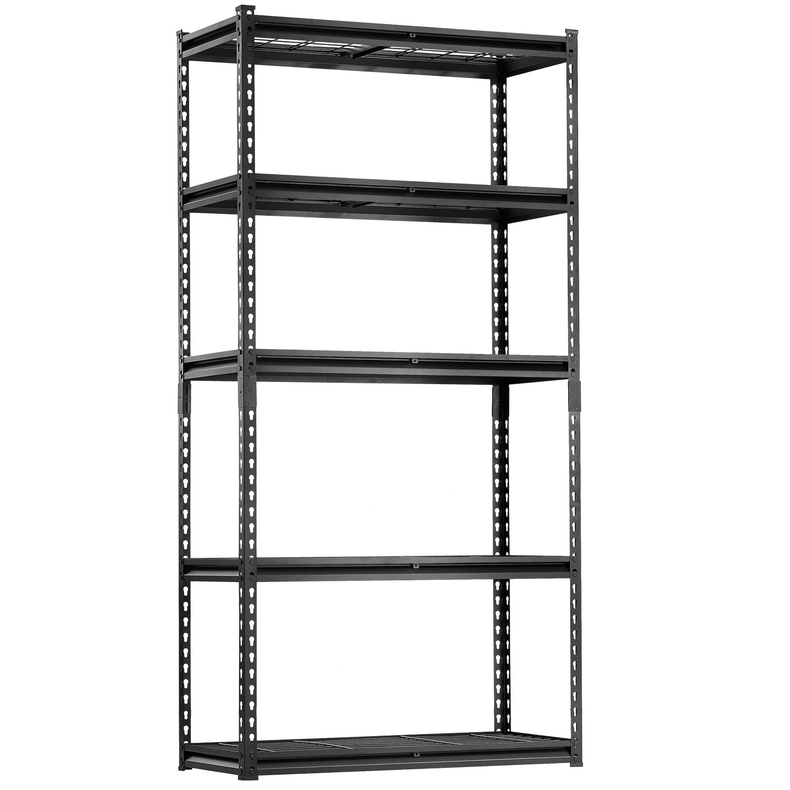 Start2Finish VEVOR 5-tier heavy-duty metal garage shelving unit with adjustable black industrial shelves, 16" D x 36" W x 72" H.