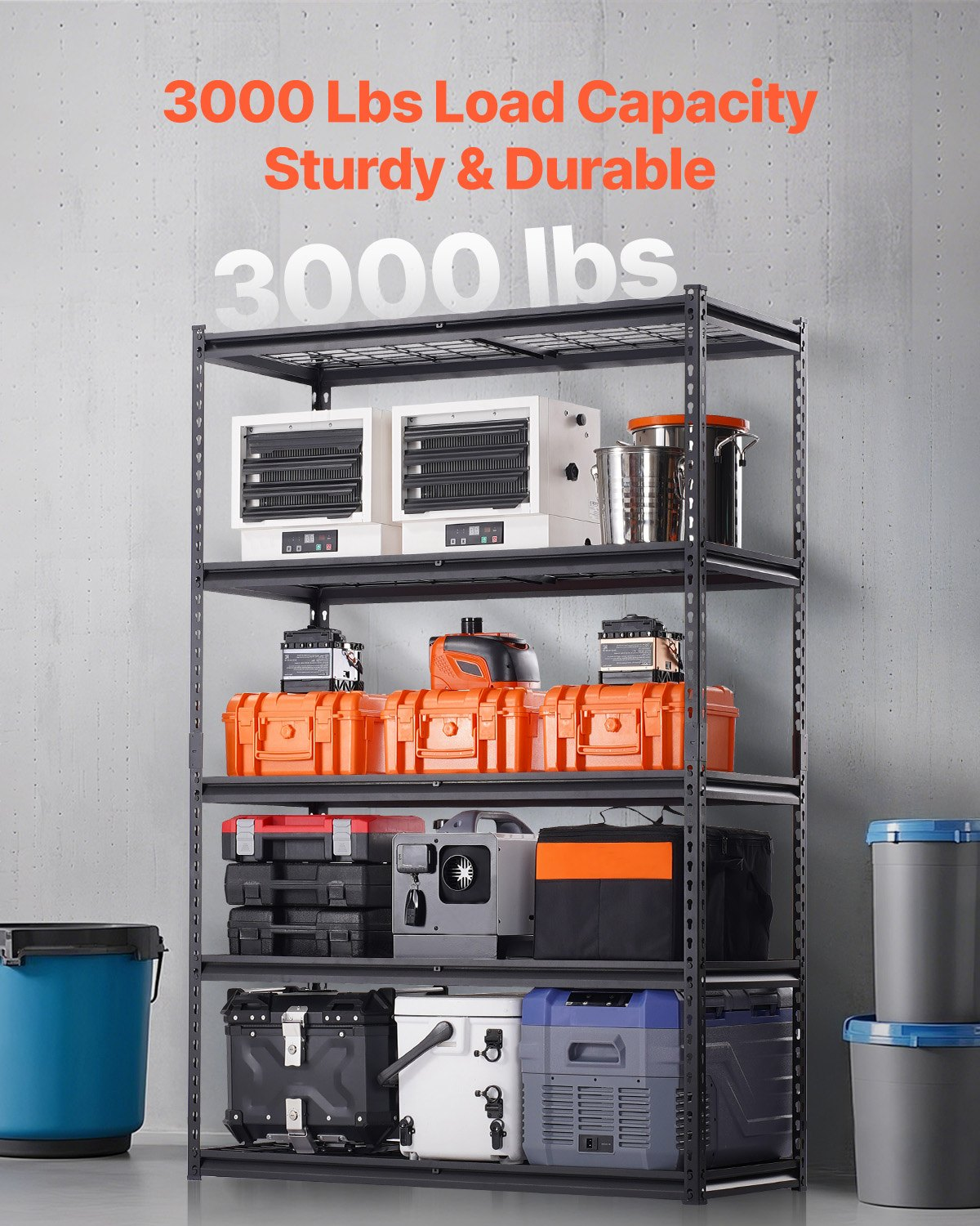 Start2Finish VEVOR 5-tier heavy-duty garage shelving unit with black metal shelves, 20" D x 48" W x 72" H for industrial storage