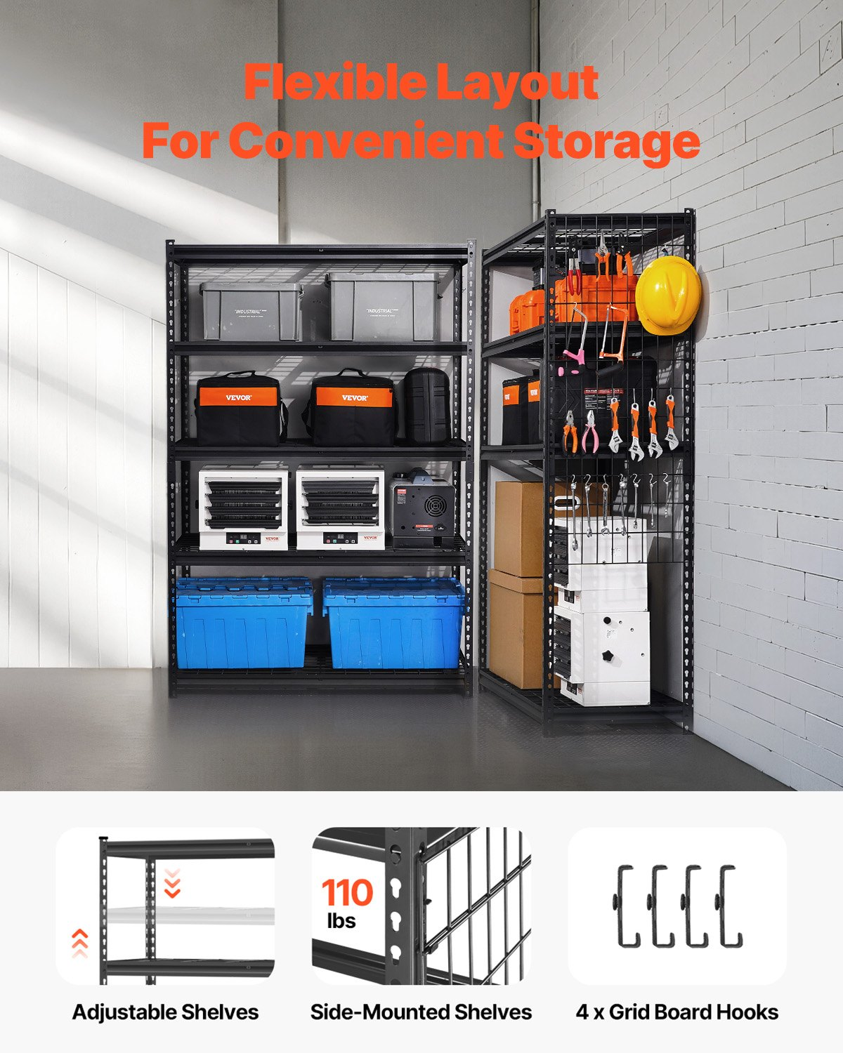 Start2Finish VEVOR 5-tier heavy-duty metal garage shelving unit with black finish, adjustable industrial storage for kitchen or warehouse.