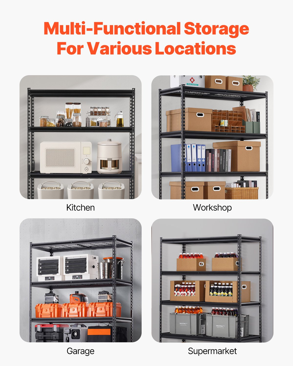 Start2Finish VEVOR 5-tier heavy duty garage shelving unit with black metal shelves, 20" D x 48" W x 72" H, for industrial storage.