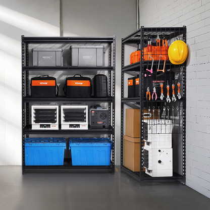 Start2Finish VEVOR heavy-duty 5-tier metal garage shelving unit with adjustable black steel shelves, 20" D x 48" W x 72" H.