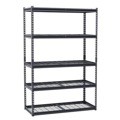 Start2Finish VEVOR 5-tier heavy-duty metal garage shelving unit with black finish, adjustable industrial storage for warehouse or basement.