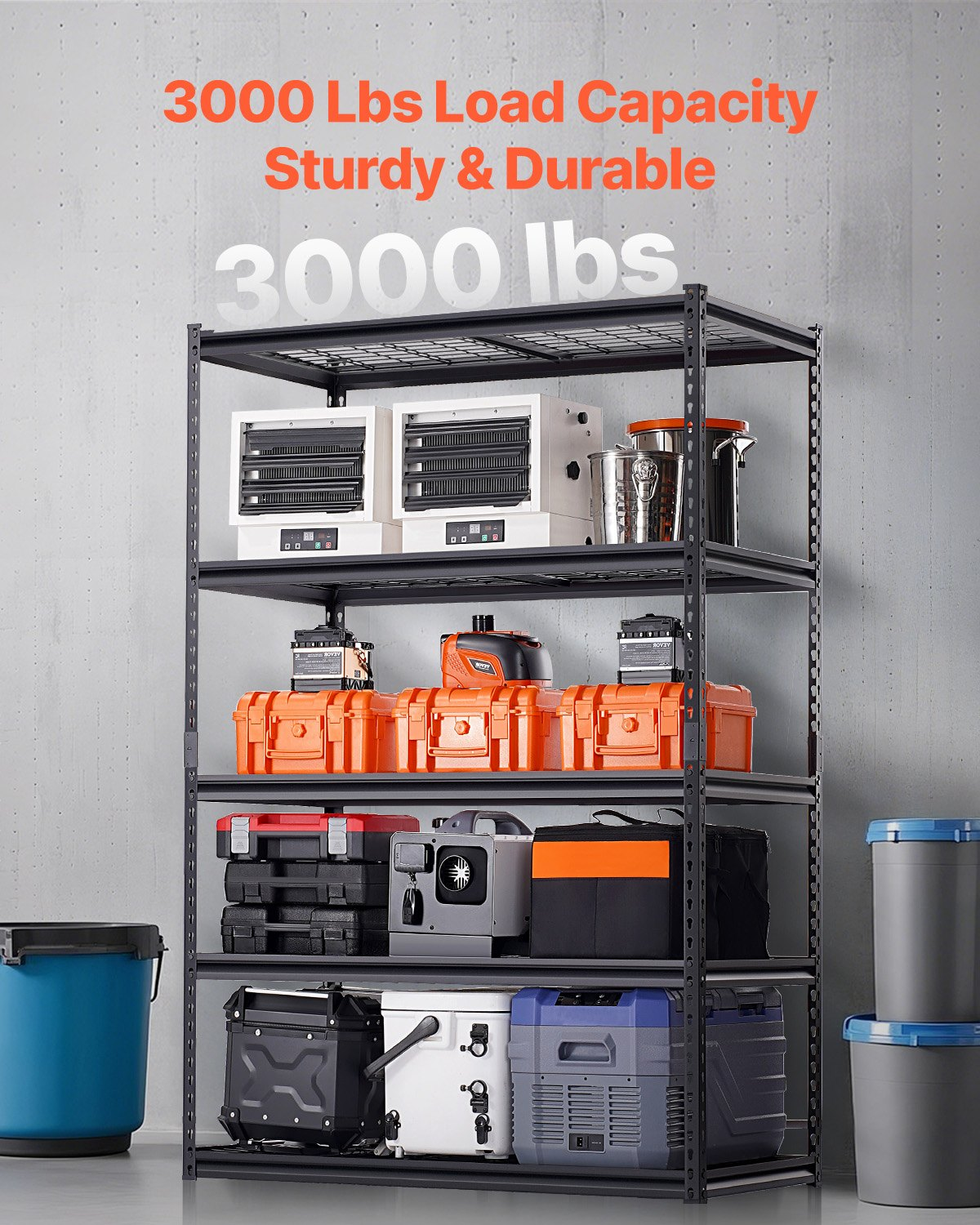 Start2Finish VEVOR 5-tier heavy-duty metal storage shelves, black garage shelving unit with adjustable 24" D x 48" W x 72" H.
