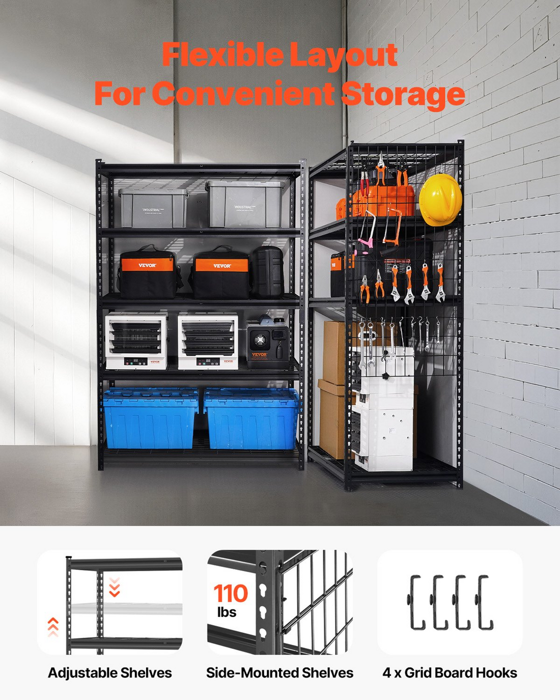 Start2Finish VEVOR heavy duty storage shelves with five adjustable metal tiers, 3000 lbs capacity, black industrial shelving unit.