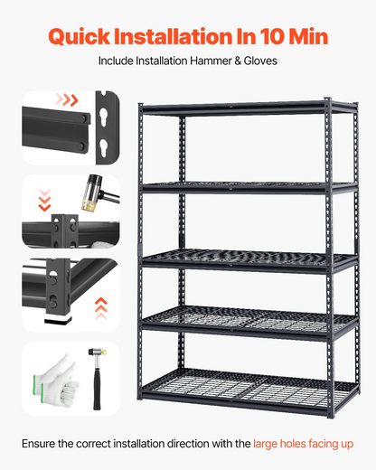 Heavy-duty VEVOR 5-tier metal garage shelving unit in black, 24" deep, 48" wide, 72" high, adjustable for industrial storage.