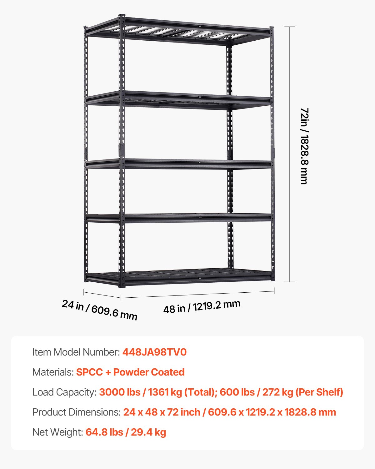 Start2Finish VEVOR 5-tier heavy-duty garage storage shelves, black metal industrial shelving unit, 24" deep, 48" wide, 72" high.