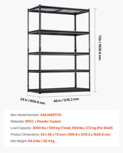 Start2Finish VEVOR 5-tier heavy-duty garage storage shelves, black metal industrial shelving unit, 24" deep, 48" wide, 72" high.