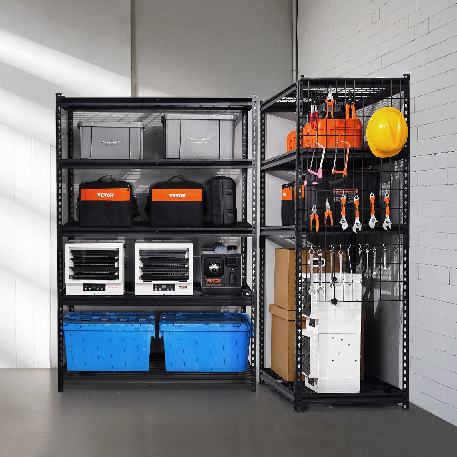 Start2Finish VEVOR 5-tier heavy-duty garage storage shelves in black, with adjustable metal shelves for industrial or warehouse use.