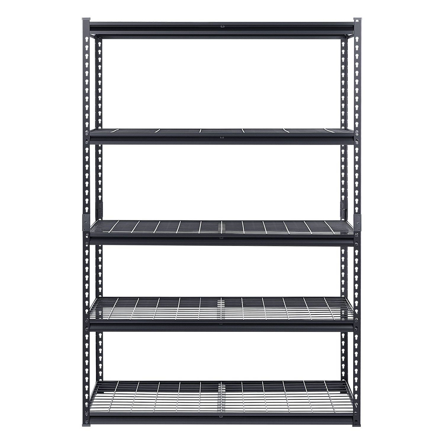 Start2Finish VEVOR heavy-duty 5-tier metal storage shelves in black, 48x24 inches, ideal for garage, warehouse, or basement storage.