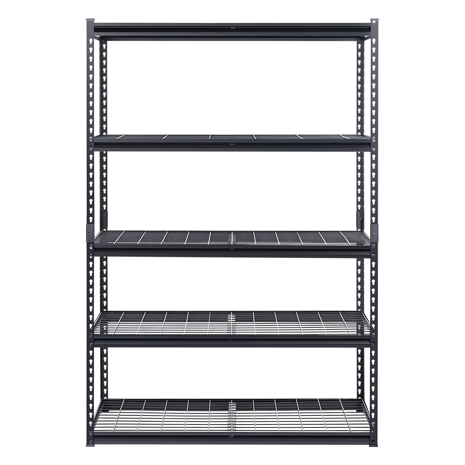 Start2Finish VEVOR heavy-duty 5-tier metal storage shelves in black, 48x24 inches, ideal for garage, warehouse, or basement storage.